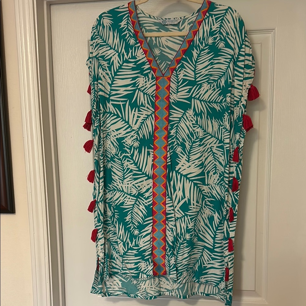 Tropical Leaf Print Tunic with Tassels
